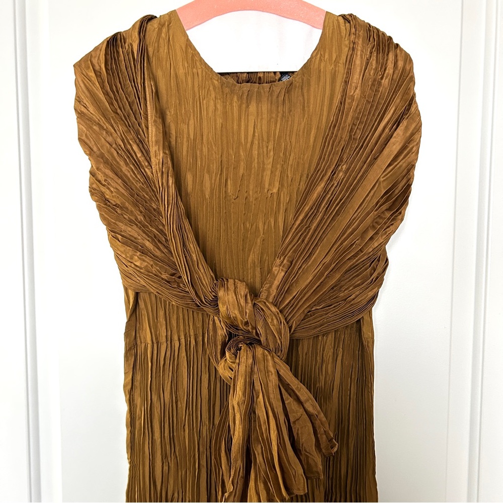 Eileen Fisher tobacco colored silk A-line dress, size Women’s Medium.